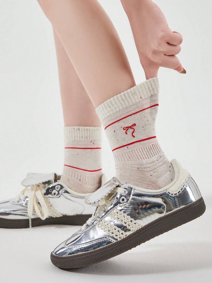 1 Pair Women's Lightweight Breathable Hollow Out Embroidered Bow Ballerina Style Colorful Polka Dot Crew Socks, Girls Fashion Casual Daily Wear - Multicolor - View 1