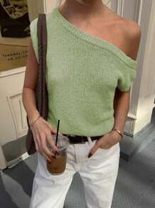 Maglione casual e comodo da donna con spalla obliqua, oversize, maniche corte, in maglia larga, top per uscire, adatto per primavera, estate e autunno
