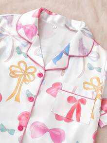 Set de 3 piezas de pijama con shorts y pantalones de mujer con bolsillo y estampado de lazo, apto para primavera, verano y otoño - Multicolor - Ver 4