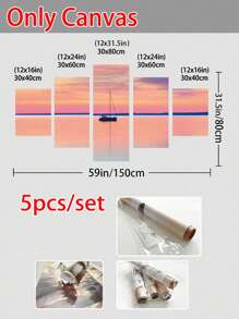 5pcs/Set Travel Posters,Wall Art With Frame,Ready To Hang,Colorful Coastal Pier Sunset Canvas Wall Art,The Bridge Into The Sea,Sailboat Sunset Reflection Boat Multipanel Travel Wall Decoration,For Bedroom Living Room Corridor, Home Decoration Gift For Him For Her,Coastal Summer Decor