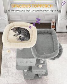 HEXCELEN 76" Cat Tree, Large Cat Tower For Indoor Cats, Cats House Furniture With 2 Platforms, 3 Condos, 7 Scratching Posts, 1 Basket, Pompoms, Washable Cushion, Cat Necessities, Cat Toys, Light Grey - Màu Xám nhạt - Xem 5