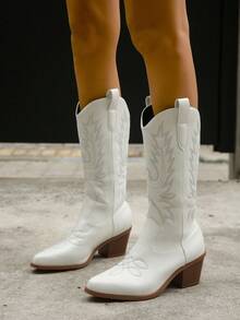Tropiscape 女士中筒高跟刺绣粗跟V型开口时尚户外派对西部牛仔靴万圣节 - 白色 - 查看 8