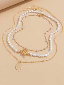 A Set Of 3 Pieces Of Faux Pearl Round Plate Pendant Necklace Is Versatile. Handcrafted Beaded Collarbone Chain Is Sweet And Cool. Short Faux Pearl Necklace Is Fashionable And Multi-Layered. Women's Jewelry Is Suitable For Daily Wear. (The Handcrafted Chain Is Cut According To Length, And The Number Of Beads Is Not Fixed.) - Imitation Pearl + Large Disc - View 7