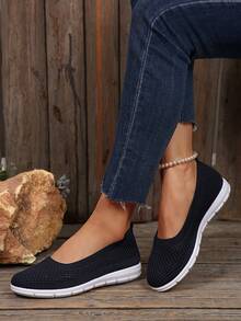 Casual Breathable Slip-On Flat Shoes, Summer New Round Toe Walking Shoes, Fashionable Versatile Comfortable Lightweight Fabric Shoes - Navy Blue - View 5