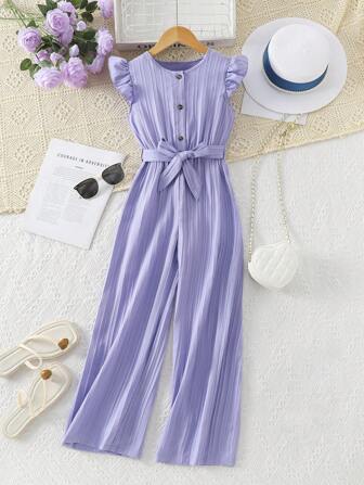 Tween flickor lös jumpsuit, modenyhet avslappnad enfärgad kepsärm med bälte, sommar