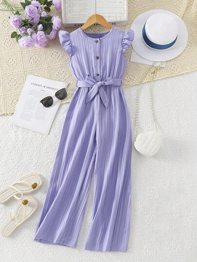 Tween flickor lös jumpsuit, modenyhet avslappnad enfärgad kepsärm med bälte, sommar