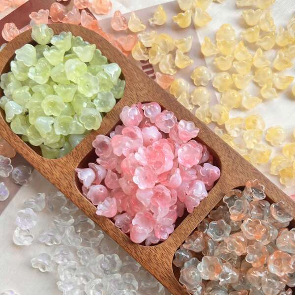 100pcs 12x7.5mm Gradient Color Semi-Transparent Glass Lily Of The Valley Beads, Including Green, Yellow, Pink And Purple - Ideal For DIY Jewelry, Hair Clips And Home Decor Crafts