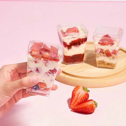 25/50/100pcs 5oz Plastic Dessert Cups, Suitable For Yogurt Parfait, Party Appetizers, Mini Desserts, Mousse, Pudding, Fruit, Jello, Cheesecake And Ice Cream, Square Plastic Cups, Cheesecake Cups