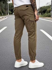 Men's Retro Solid Color Casual Pants, Slim Fit Ankle-Tied Casual Cargo Pants, Outdoor Hiking Street Slim Fit Pants, Suitable As Gift For Husband/Boyfriend, Fall - Coffee Brown - View 2