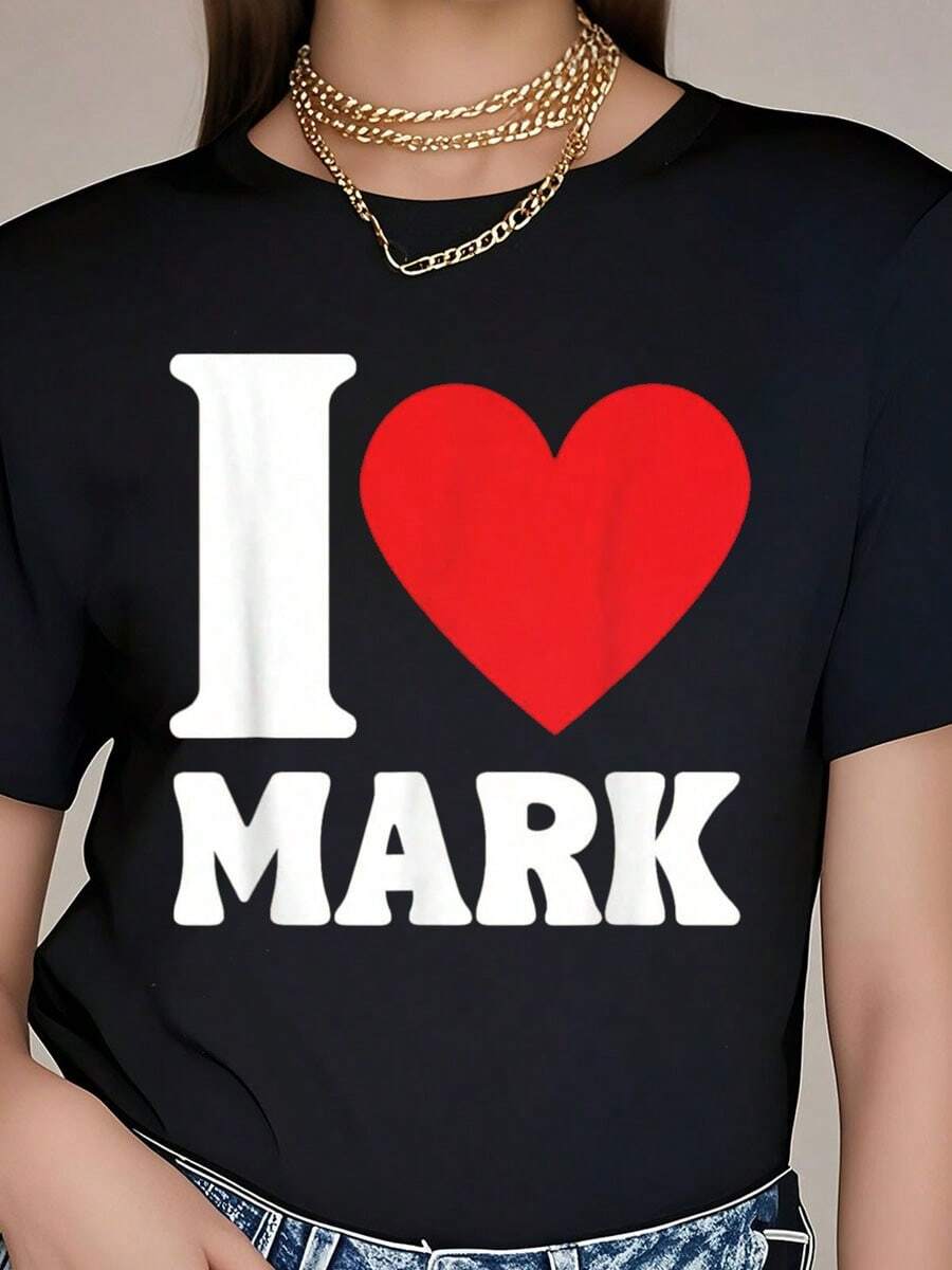 100% Cotton I Love MARK Heart Family Lover Name Personalized Stuff Gifts T-Shirt Women's Fashionable Graphic T-Shirts. Round Neck Short-Sleeved Casual Tops] Short-Sleeved Top Summer T-Shirt For Women - 黑色 - 查看 1