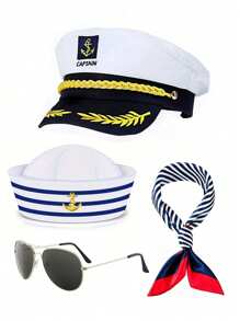 Multi-Piece Set: Captain Hat, Sailor Hat, Scarf Set For Men & Women; White Gloves; Aviator Sunglasses; Navy Sailor Costume For Yacht, Rock Party, Costume Play