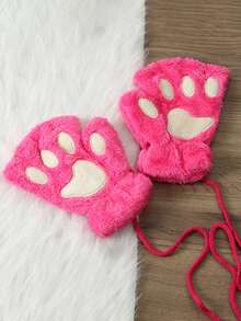 1 Pair Cute Cat Paw Fingerless Gloves, Plush Half-Finger Gloves, Warm & Cold-Resistant, Suitable For Girls Daily Use In Winter (With Rope) - Multicolor - View 12