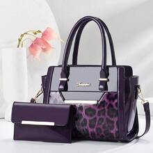 2pcs/Set Women Large Capacity Fashion Versatile Handbag, Simple Elegant Commuter Shoulder Bag Leopard Print - Purple - View 1