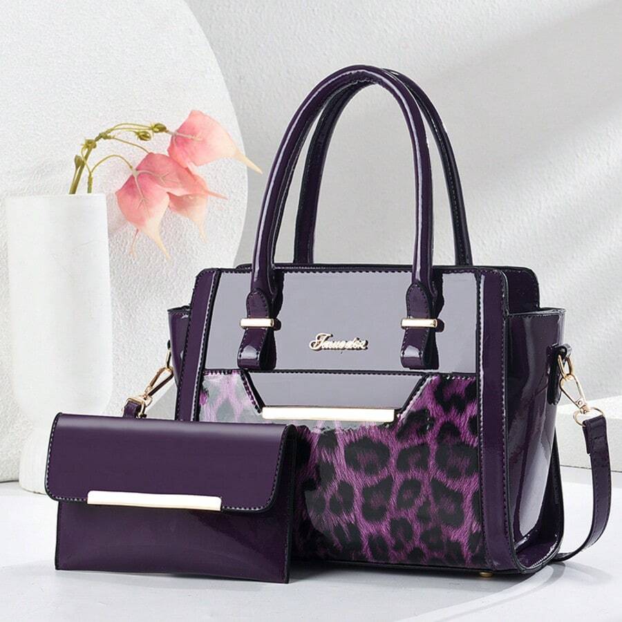 2pcs/Set Women Large Capacity Fashion Versatile Handbag, Simple Elegant Commuter Shoulder Bag Leopard Print - Purple - View 1