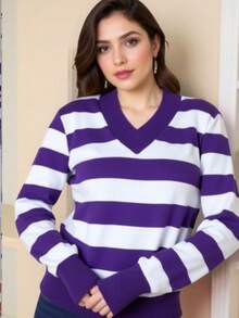TRICOZHU Knitted Long Sleeve Striped Blouse V-Neck Striped V-Neck Blouse Polyester With Elastane Ribbed Collar And Cuff ONE SIZE 36-44 - 紫色 - 查看 1