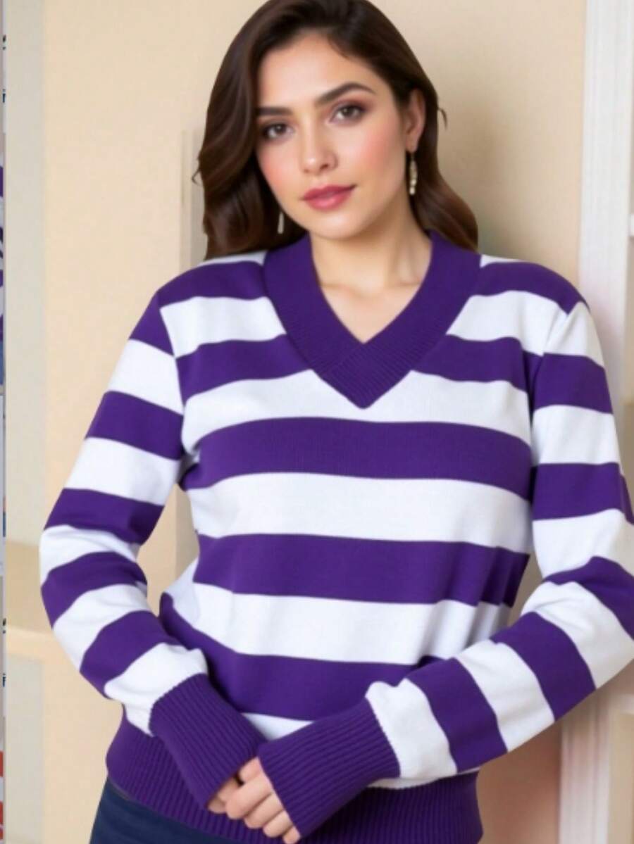TRICOZHU Knitted Long Sleeve Striped Blouse V-Neck Striped V-Neck Blouse Polyester With Elastane Ribbed Collar And Cuff ONE SIZE 36-44 - 紫色 - 查看 1