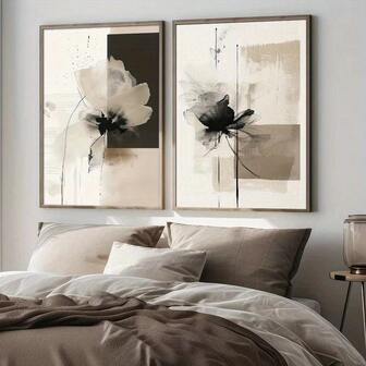 1Pc/2Pcs Beige Black Flower Abstract Botanical Wall Art Decor Posters Modern Minimalist Canvas Prints Fashion Paintings For Living Room Bedroom Home Office Dormitory Decor Wall Background Design Picture Framed/Unframed ,Wall Art With Frame