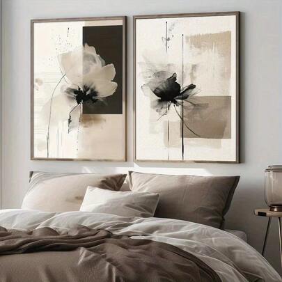 1Pc/2Pcs Beige Black Flower Abstract Botanical Wall Art Decor Posters Modern Minimalist Canvas Prints Fashion Paintings For Living Room Bedroom Home Office Dormitory Decor Wall Background Design Picture Framed/Unframed ,Wall Art With Frame