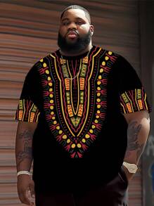 Plus Size Men's Totem Classic Print T-Shirt, Polyester Jersey Fabric, Round Neck, Casual Fit, Novelty Graphics Design