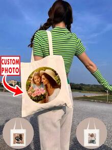 1pc Customizable Printed Photo, Logo, Text, Family, Pet, Cartoon, Couple Photo, Solid Color Tote Bag. Original Unisex Foldable Canvas Handbag, Large Capacity, Portable, Suitable For Teens, Youth, College Students, White Collar Workers, Perfect For Work, Back To School, Middle School, High School, University, Vacation, Cute, Adorable, Contracted,Bags & Luggage,2025 Halloween Accessories,Essential For Daily Travel - Multicolor - View 2
