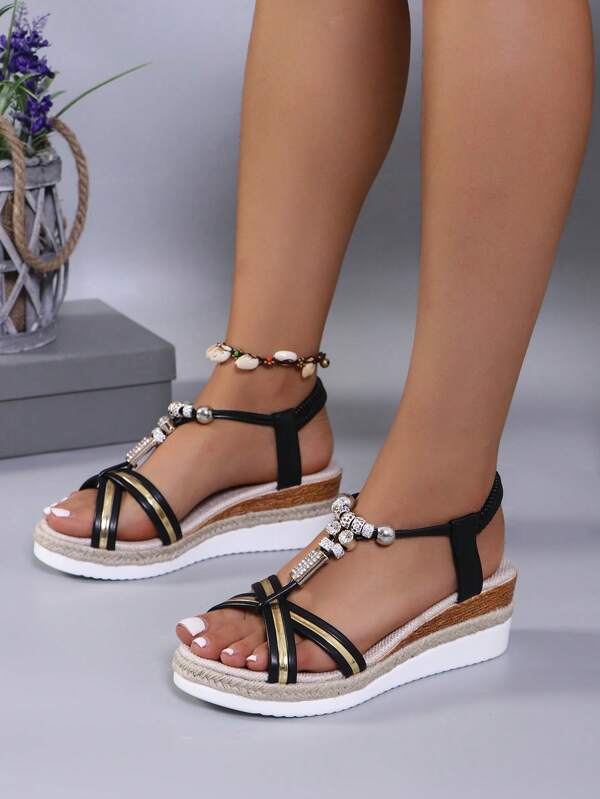 Women's Crossed Strap Woven Bottom Sandals, Summer Fashion Retro Peep Toe Sandals, Breathable Lining, Comfortable Lightweight Wedge Heels