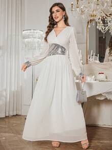 Women's Summer New Waist Gathering Design Dress, Casual Vacation White Flowy Long Dress; Women's Elegant Fashion High-Level Sparkling Sequin Patchwork V-Neck Maxi Evening Dress, Bridesmaid Dress - White - View 6