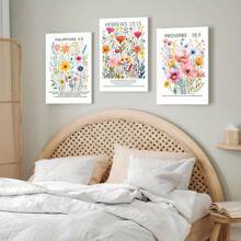 Conjunto de 3 obras de arte en lienzo con acuarelas de flores silvestres cristianas, versículo bíblico, decoración de pared con flores botánicas, pósters e impresiones para dormitorio de niñas, sala de estar y dormitorio, listo para colgar, mural de atmósfera de alta gama - Tres piezas enmarcadas
