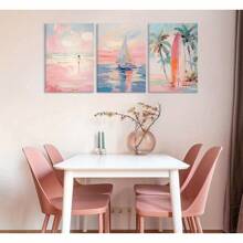 3 pièces Peintures sur canevas murales roses style côtier, images de voilier rose et de planche de surf. Décoration murale de plage chic pour chambres d'ado, appartements et maisons. Prêtes à accrocher. Ensemble de 3 pièces dans un cadre haut de gamme créant une atmosphère murale