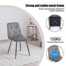 4er-Set Samt Esszimmerstühle Wohnzimmerstuhl mit Rückenlehne Sessel Scandinavian Vintage Gitter-Design Esstischstuhl aus Samt mit Metallbeine (4, grau) - Grau - Übersicht 7