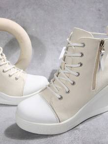 秋冬女士休闲帆布坡跟隐形增高运动鞋 - 白色 - 查看 4