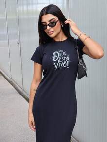 Long Cotton Dress My God Is Alive Evangelical Christian - 黑色 - 查看 2