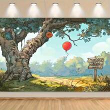 1 pièce Fond de photographie de forêt de printemps de dessin animé - Fond de photo de fête d'anniversaire de l'ours miel avec des ballons rouges et une banderole en bois, décoration de fête de lumière polyester sans électricité