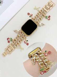 1pc Cute Rhinestone Cherry Dow Zinc Alloy Gold Strap Compatible With Apple Watch 38mm 40mm 41mm 42mm 44mm 45mm 49mm (S10 42)Mm(S10 46)Mm, Fashionable Simple Women's Metal Wrist Strap Compatible With Watch Series Ultra 2 S10 SE 9 8 7 SE 6 5 4 3 2 1,Fashionable Women's Watch Strap,Smart Watch Strap/Band,Smart Watch Accessories,Valentine's Day/Mother's Day/Daily/Holiday Gift