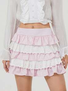 Women's Plaid Print Mini Skirts High Waist Lace Patchwork A-Line Skirts Layered Ruffle Skirts - Hồng - Xem 3