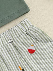Toddler Baby Boy Fishing Outfit Short Sleeve Crew Neck Shirt And Plaid Elastic Waist Shorts Set Infant Summer Clothes - xanh quân đội - Xem 7