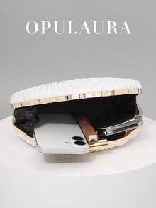 OpulAura 女士优雅/奢华褶皱缎面盒形手拿包、浪漫婚礼钱包、迷人/精致晚礼服包、简约白色盒形手提包，配有可拆卸链条，适合作为节日礼物 - 白色 - 查看 4