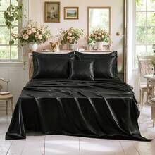 Black Satin Queen Comforter Set With Sheet Set Silk Like Satin Bedding Set Geometric Plaid Pinch Pleat Luxury Bedding Comforter 8 Pieces Satin Bed Set For Women And Females Bedroom Decor With 1 Comforter  4 Pillowcases 1 Flat Shhet 1 Fitted Sheet 1 Cushion Cover - Black - View 9