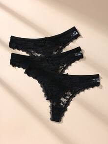 3 件套黑色性感蕾丝拼接女士丁字裤，可爱蝴蝶结柔软舒适透气内衣 - 黑色 - 查看 3