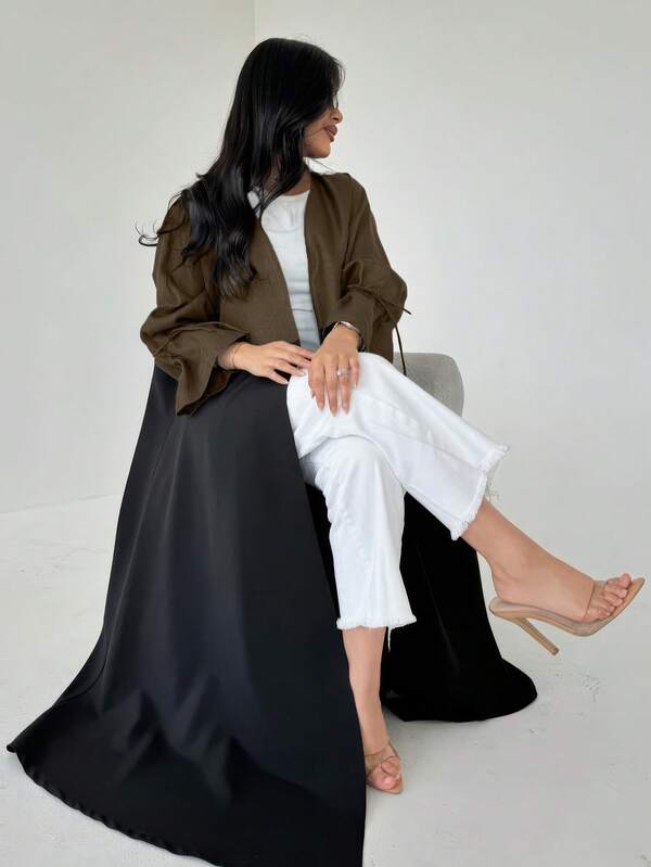 长袖拼色前开式长袍外套，宽松休闲长袍，女士春夏装