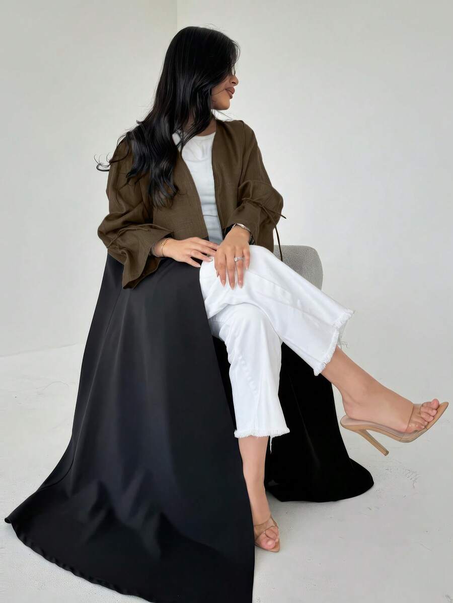 Loose Fit Color Block Open Front Long Cardigan, Casual Style, Spring/Summer Women - Dark Brown - View 1