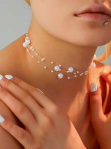 1pc Fashionable Multilayer Elegant Fresh Elegant Faux Pearl Necklace, Suitable For Personalized Women, Party, Vacation, Jewelry