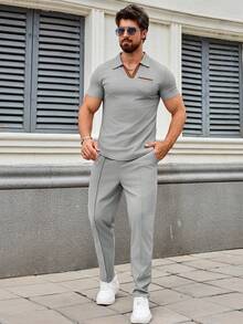 Men's Casual Suit, Outdoor Versatile High-End Men's Waffle Collar Short Sleeve Pocket Top And Solid Color Pants 2 Pieces Set - Grey - View 4