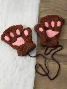 1 Pair Cute Cat Paw Fingerless Gloves, Plush Half-Finger Gloves, Warm & Cold-Resistant, Suitable For Girls Daily Use In Winter (With Rope) - Multicolor - View 19