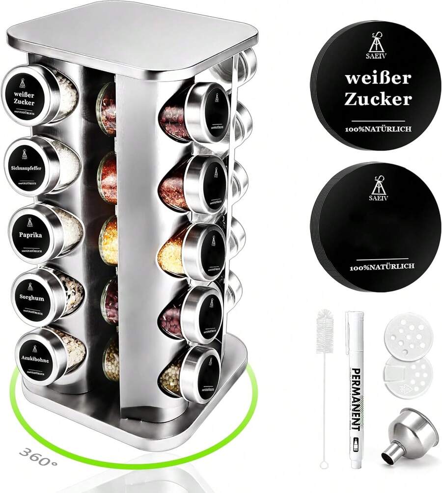 ERUIV 360° Swivel Vertical Spice Rack | Spice Carousel Organizer | 20 X 100ml Spice Jars | 5-Tier Swivel Spice Rack | Spice Labels | Kitchen Shelves | Spice Organizer - 20-head Square Turntable - View 1