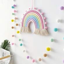 Handmade Colorful Rainbow Pom Pom Wreath Decor, Boho Woven Rainbow Wall Hanging Decor For Room, Nursery - Multicolor - View 1