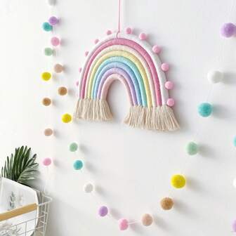 Decoración de corona hecha a mano con pompones de colores del arcoíris, decoración de pared tejida de arcoíris bohemio para habitación de niños, guardería