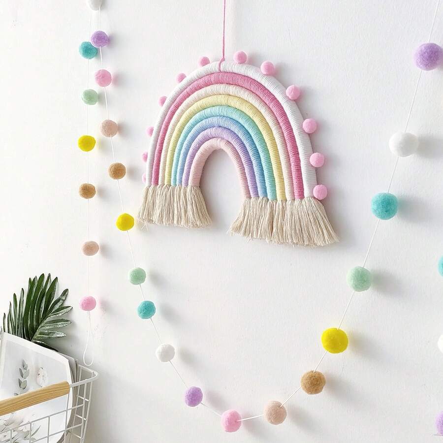 Handmade Colorful Rainbow Pom Pom Wreath Decor, Boho Woven Rainbow Wall Hanging Decor For Room, Nursery - Multicolor - View 1
