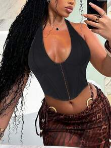 Apperloth A Rave Sexy Deep V-Neck Corset Halter Tops Boned Overbuset Grommet Eyelet Front Lace Up Back Shapewear Party Crop Vest Top - màu đen - Xem 3