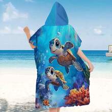 1pc Turtle Printed Wearable Bathrobe - Super Soft Microfiber Hooded Cartoon Ocean & Turtle Pattern, Suitable For Boys, Girls, Couples As Gift - Beach And Home Decor, Couple Cloak | Microfiber Robe - Multicolor - View 6