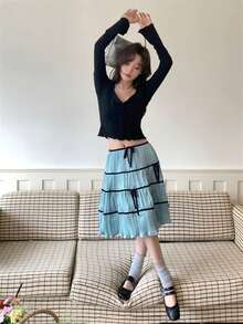 蓝色蝴蝶结设计芭蕾风格A字裙，街头潮流百搭甜美风，春夏女装新品 - 灰藍色 - 查看 2